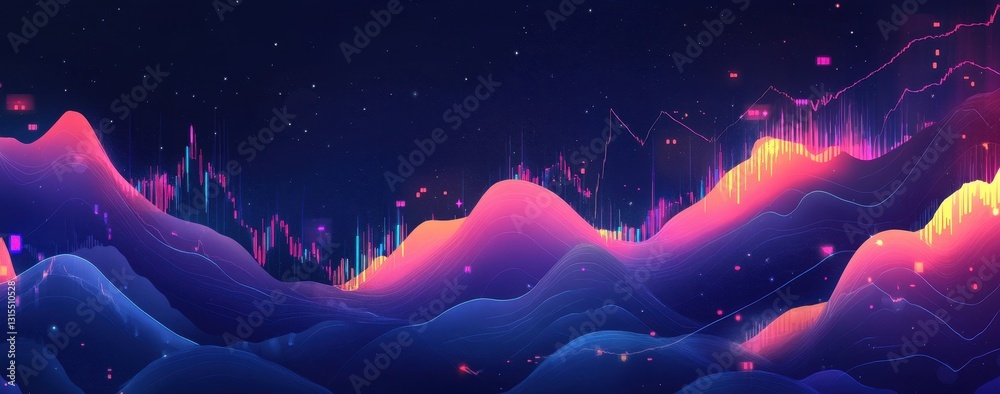 Poster abstract digital landscape with colorful graphs and waves representing data visualization and techno