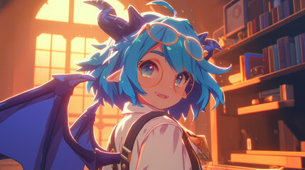 Obraz premium A cheerful character with blue hair and glasses, smiling in a sunlit library filled with books