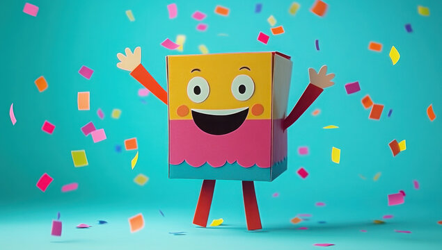 Playful Jack-in-the-Box with colorful confetti raining down on April Fool's Day 
