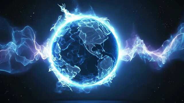 Glowing Blue Energy Sphere Surrounded by Lightning Effects in Cosmic Background