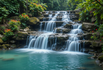 Obraz premium Multi-Tiered Waterfall with Turquoise Pool Surrounded by Lush Vegetation and Red Flowers