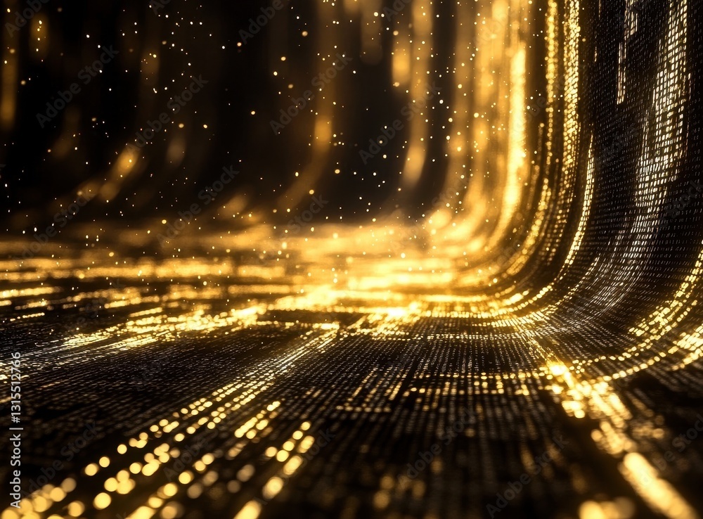 Poster abstract golden light particles flowing through digital space creating a mesmerizing and enchanting 