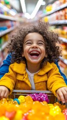Happy child riding in shopping cart, full of joy