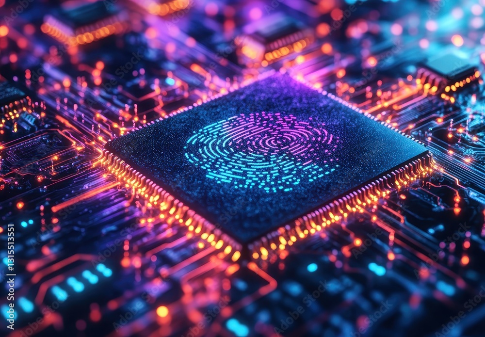 Poster abstract representation of a vibrant and colorful microchip with glowing circuits and fingerprint pa