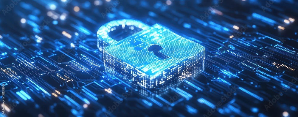 Poster abstract representation of digital security with a glowing lock symbolizing protection and privacy o