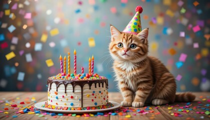 Obraz premium Adorable Kitten's Birthday Celebration with Colorful Cake and Confetti