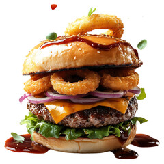 A Hearty Burger with Crispy Onion Rings and BBQ Sauce Isolated on Transparent Background