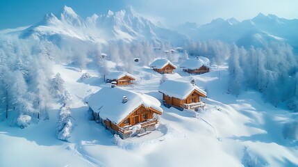 Wooden cabins nestled among the snow covered mountains and landscape