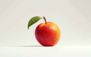 Single ripe plum with a green leaf, glistening with water droplets, on a bright white background. The image is minimalist and focuses on the fresh fruit