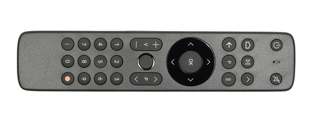 Black remote control for tv isolated on white background, top view
