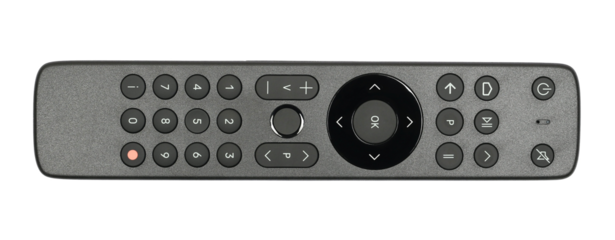 Black remote control for tv isolated on white background, top view
