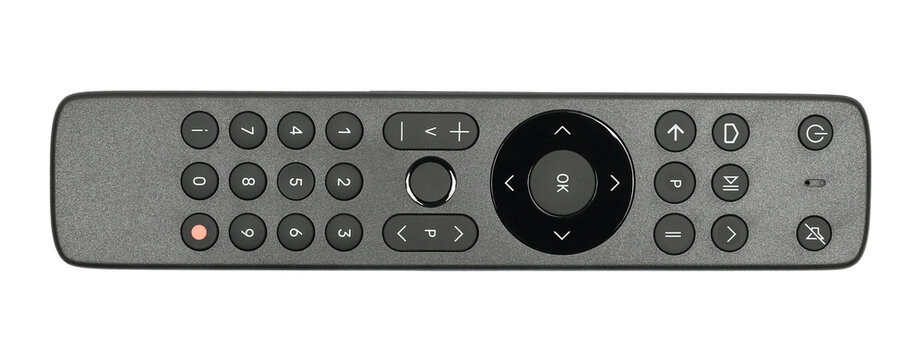 Black remote control for tv isolated on white background, top view
