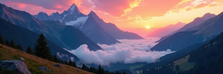 Sunrise paints alpine peaks, mist-shrouded valley below , high altitude, rugged, fauna