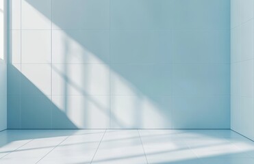 Obraz premium Bright Minimalist Interior Room with Soft Shadows and Light Reflections on White Tiles, Perfect for Modern Design and Architecture Backgrounds