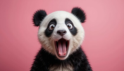 Obraz premium Surprised Panda! A digitally rendered image of a cute panda bear with a surprised expression against a pink background. Its wide eyes and open mouth create a playful and funny mood.