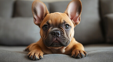 Adorable French Bulldog puppy sitting on a cozy sofa, showcasing captivating big ears and expressive eyes, perfectly capturing the essence of puppy charm in every detail