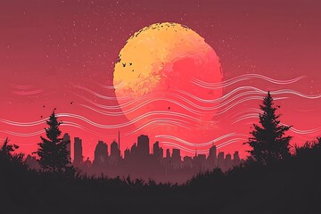 Naklejka premium Crimson Cityscape for Giant Moon, Night.