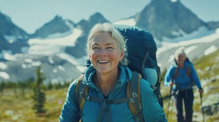 Joyful Woman Hiking in Beautiful Mountain Landscape with Backpack