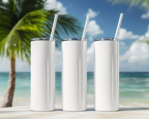 Three 20 oz tumblers with straws . Ai generated