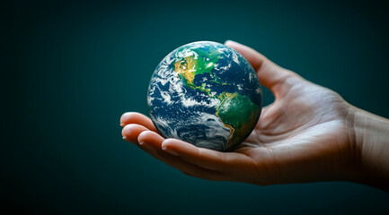 Holding the Earth gently in a hand against a serene dark blue backdrop is a beautiful representation of our planet's beauty and fragility, symbolizing hope for a sustainable future
