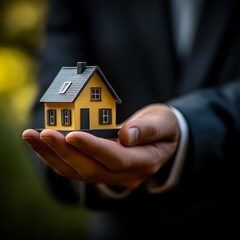 Detailed portrayal of a male realtor presenting a model house in a professional setting, highlighting the gesture and attire against a neutral background