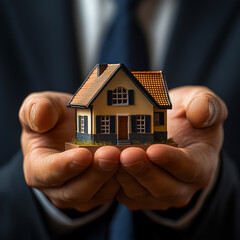 Real estate agent presents a model house in a desire to connect clients with their dream homes through personalized service and expertise in a professional setting