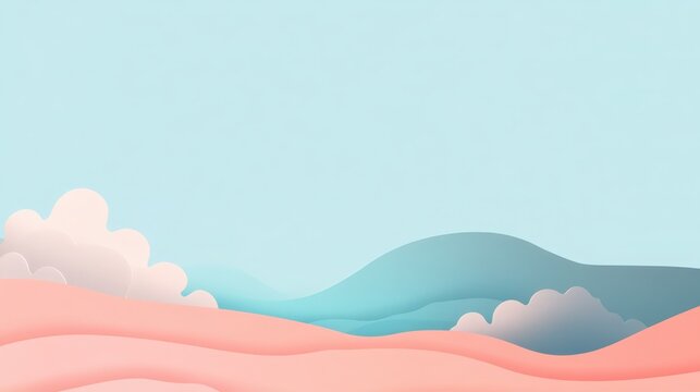 Pastel dreamscape layered illustration with clouds and rolling terrains