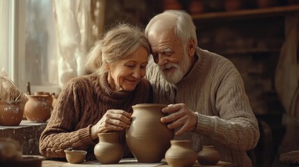 Senior Couple Collaborating on Pottery in Cozy Studio Warm Light