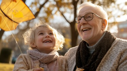 Obraz premium Joyful Moments Between Grandfather and Granddaughter in Autumn Park