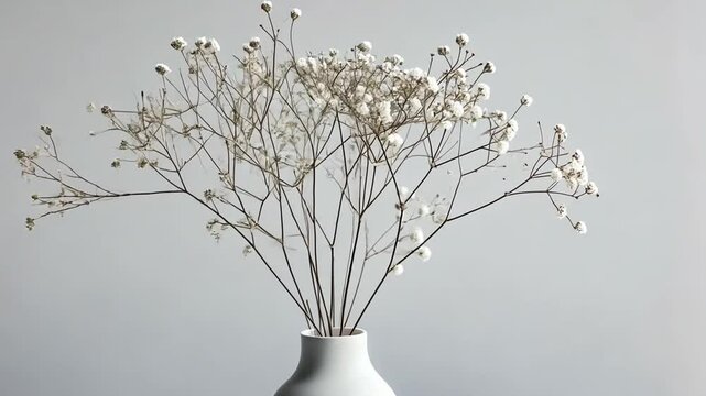 Delicate White Flowers in Minimalist Vase Against Soft Gray Background Create Serene and Elegant Composition with Minimalist White Vase Holding Delicate Baby Breath Flowers Against Neutral Background