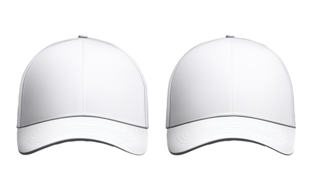 Two white baseball caps mockup, studio shot, design template
