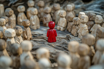Bystander effect concept: Wooden figurines and in the middle lies a red one. Effect and Individuality,onlooker, spectator,  witness