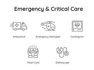 Emergency Critical Care – Life-Saving Medical Response Services icons set.