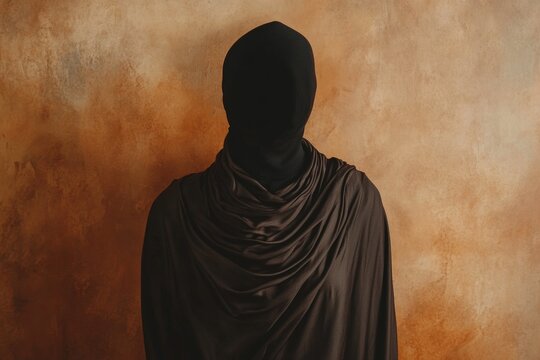 Mysterious hooded figure in dark drapery against textured background