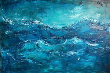 Turbulent ocean waves in abstract blue acrylic painting