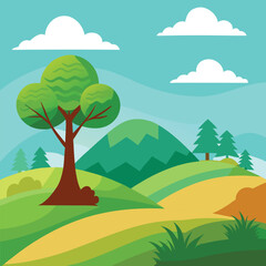 a flat illustration of a hill and a tree
