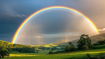 Naklejka premium A vibrant rainbow arcs over lush green hills under a dramatic sky.