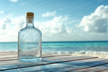 Clear glass bottle on wooden deck with ocean and sky background