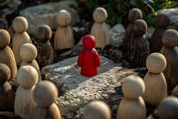 Bystander effect concept: Wooden figurines and in the middle lies a red one. Effect and Individuality,onlooker, spectator,  witness