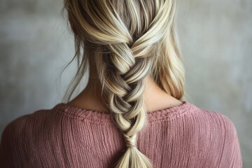 Blonde caucasian female with braided hair in pink sweater from behind