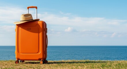 Orange Suitcase With Straw Hat Summer Trip beach with ocean Background,  seacoast with suitcase on the sandbeach.