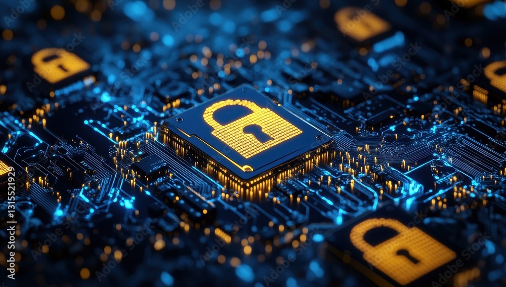 Poster close-up view of digital circuit board with lock icons representing cybersecurity and data protectio