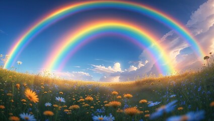 A vibrant landscape featuring double rainbows over a field of colorful flowers.