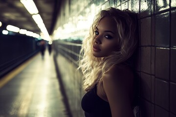 Young african female with curly blonde hair in urban subway setting