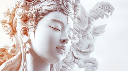 Serene statue of a goddess with closed eyes against a light background