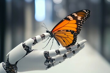 Robotic hand gently holding monarch butterfly in futuristic setting