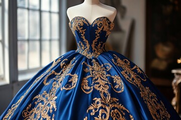 Elegant blue ball gown with intricate gold embroidery on mannequin