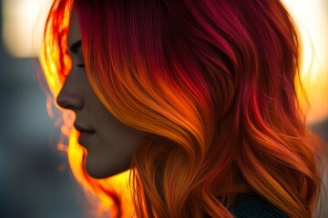 Female young caucasian with vibrant fiery red and orange hair in profile view at sunset