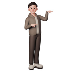 3D illustration of a casual cartoon man in brown dressed. pointing to right side with both hands.