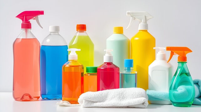 Summer cleaning. Colorful set of bottles with clining liquids and colorful cleaning kit on white background.